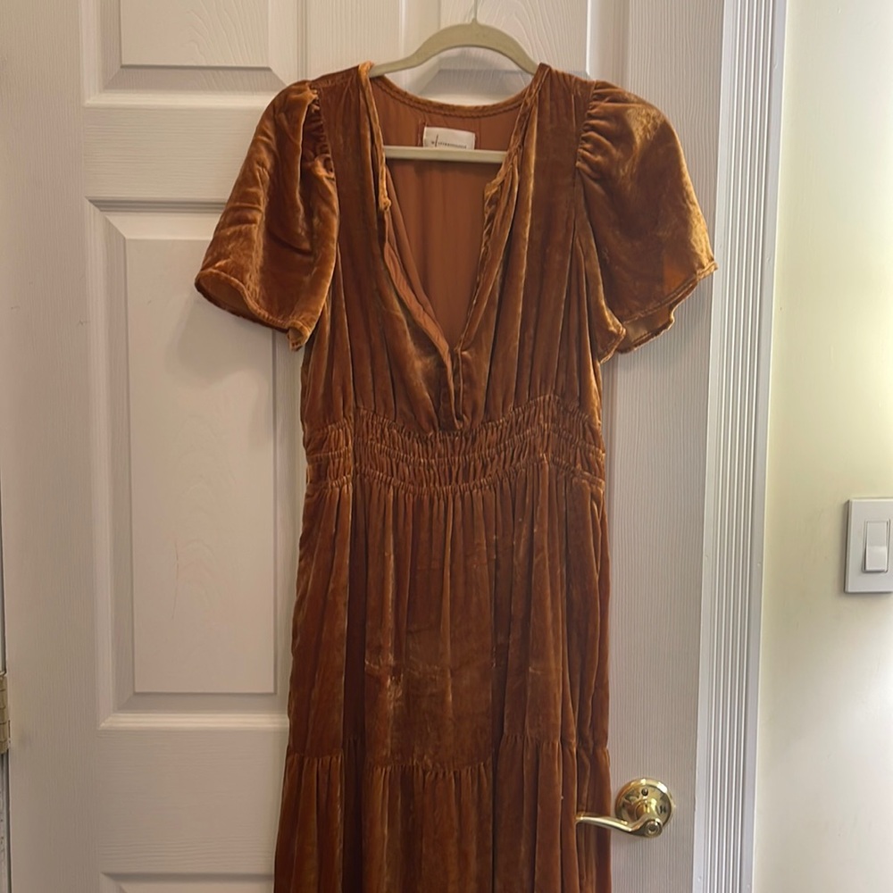 Anthropologie orangey velvet Long dress.  Has pockets and cinches at waist